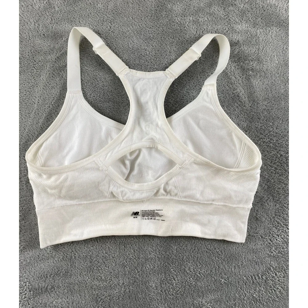 New Balance Womens White Ribbed Seamless Racerback Sports Bra M. Ruched Front - Picture 8 of 8
